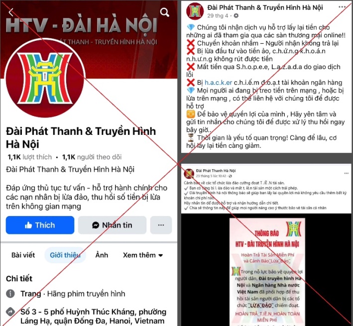 Xuất hiện Facebook giả mạo Đài Phát thanh và Truyền hình Hà Nội hỗ trợ lấy lại tiền lừa đảo